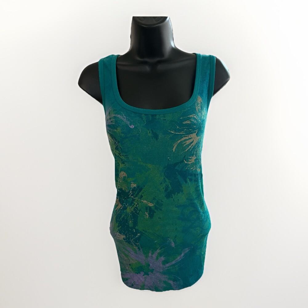 Fashion Bug Womens Tank Top Teal Green Floral Print Sleeveless Casual Size 2X